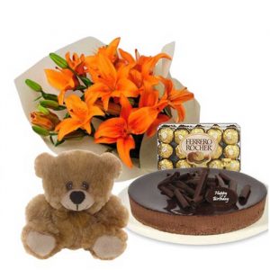 Orange Lilies with Chocolate Cheesecake & Ferrero Rocher
