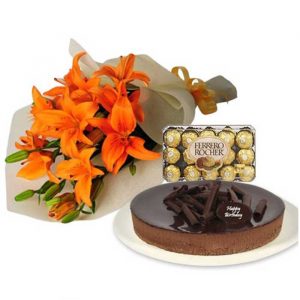 Orange Lilies with Chocolate Cheesecake & Ferrero Rocher
