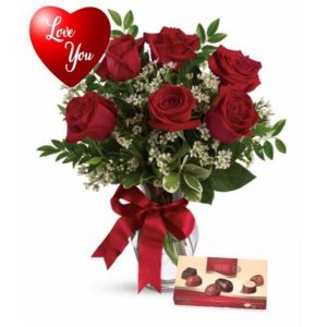 Red Roses with Vase & Chocolates