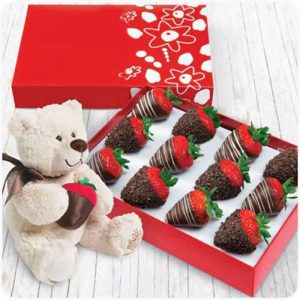 Strawberries with chocolate and Esperanto bear