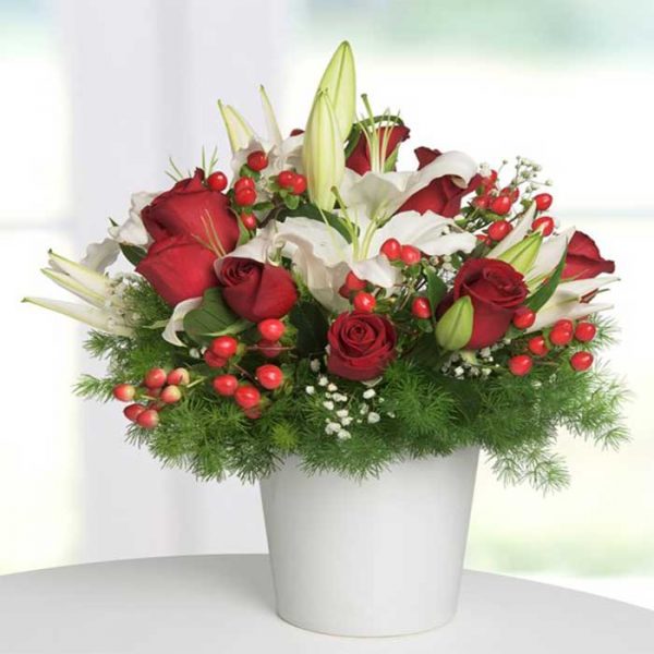 White Lilies and 9 Red Roses