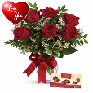 Red Roses with Vase & Chocolates