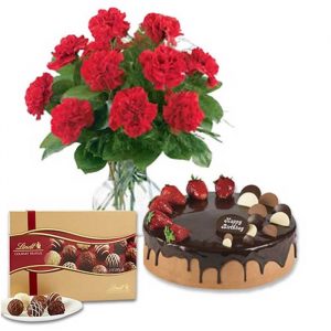 Red Carnations with Choco Strawberry Cake & Lindt Gourmet Truffles