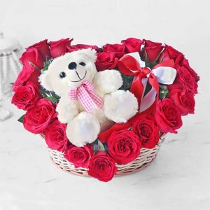 Heart Shaped Basket Of Red Roses With Teddy