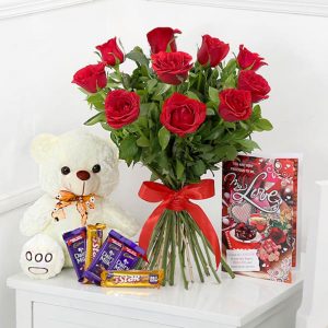 Red Roses With Teddy Bear Assorted Chocolates