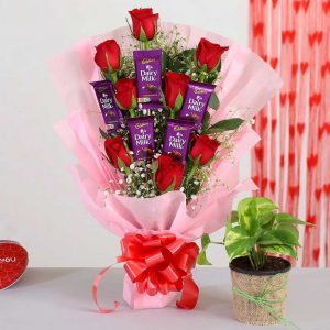 Red Roses Bunch With Money Plant Chocolates