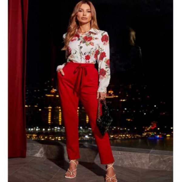 Floral Button Up Blouse With Belted Pants