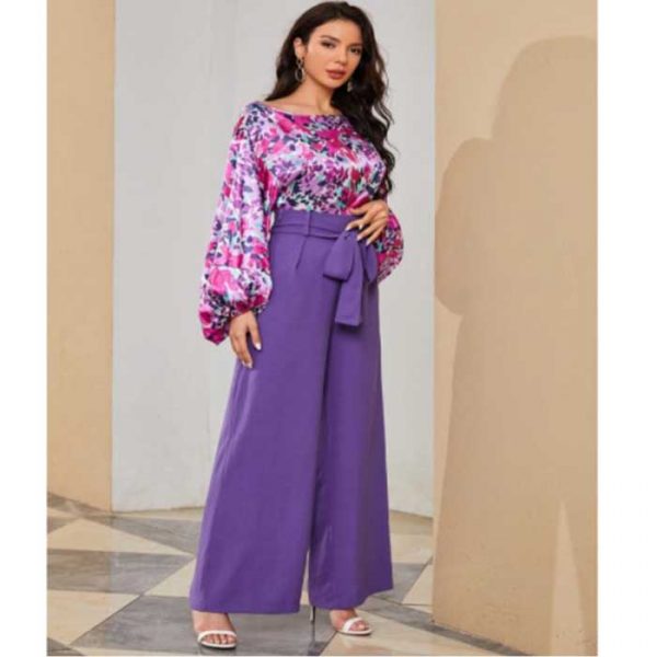 Floral Print Lantern Sleeve Top & Belted Wide Leg Pants