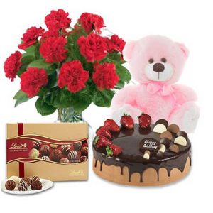 Red Carnations with Choco Strawberry Cake & Lindt Gourmet Truffles