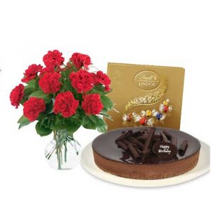 Red Carnations with chocolate cheesecake & Lindt Assorted chocolates