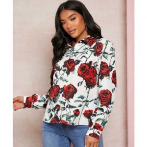 SXY Rose Print Button Up Blouse