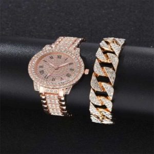 Rhinestone Decor Round Pointer Quartz Watch & 1pc Bracelet