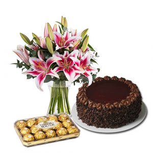 Combo of 1 Kg Chocolate Cake, Bouquet of 5 stem Pink Lillies with 200 Gram Ferrero Rocher Chocolate