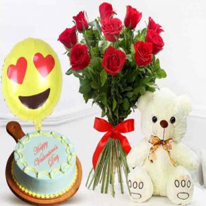 red roses with teddy & cake