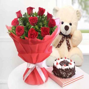 Red Roses with Teddy & Black Forest Cake