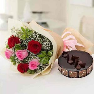 Beautiful 6 Roses Bouquet With Chocolate Cake