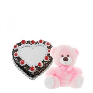 Heart Shape Black Forest Cake with Teddy Bear