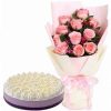 12 Pink Roses Bouquet & Red Ribbon Ube Mousse Cake