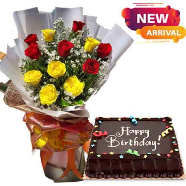 6 Red & Yellow Rose Bouquet with Chocolate Cake