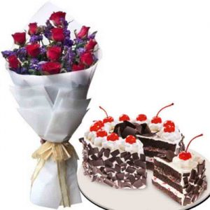 12 Red Roses Bouquet with Black Forest Cake
