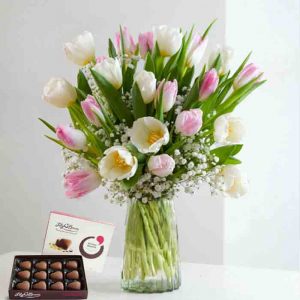 Pink and White Tulip Delight with Free Chocolates