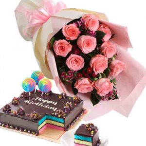 12 Pink Rose with Rainbow Dedication Cake