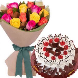 12 Mixed Roses Bouquet with Black Forest Cake