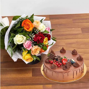 Dozen Multi Roses with Fudge Cake