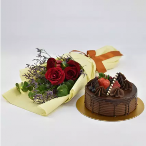 Chocolate Cake with Bunch of 3 Red Roses