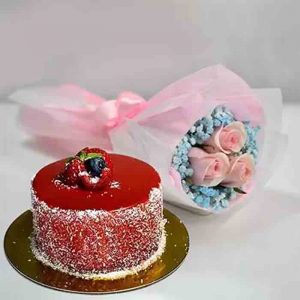Lovely Pink Rose Baby Breath Bouquet With Mini Mousse Cake