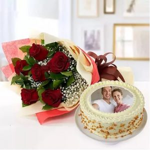 Half Kg Butterscotch Cake With Red Roses Bouquet