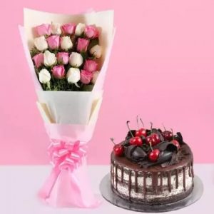 Pink White Roses & Black Forest Cake 4 Portions