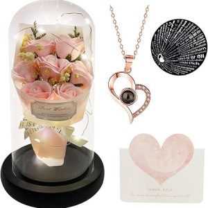 Gift for Her Forever Flower Bouquet for Delivery Prime Preserved Pink Roses Glass Dome LED Light 100 Languages I LOVE YOU Necklace Mothers Day Birthday Romantic Valentines Gift for Wife Women Mom