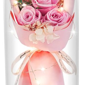 HVY Preserved Flowers Gifts for Her,Preserved Rose Bouquet in Glass Dome,Forever Flowers Fresh Bouquet Present for Women Mothers Day Birthday Gifts for Mom Wife Grandma,Pink Real Rose